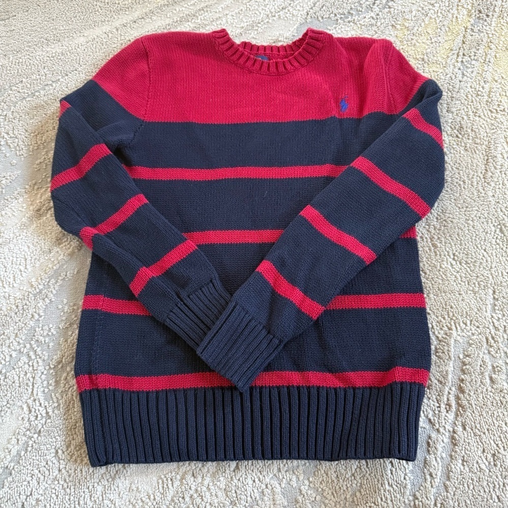 Polo Ralph Lauren Red and Navy Striped Sweater crewneck knit cotton 10 /12